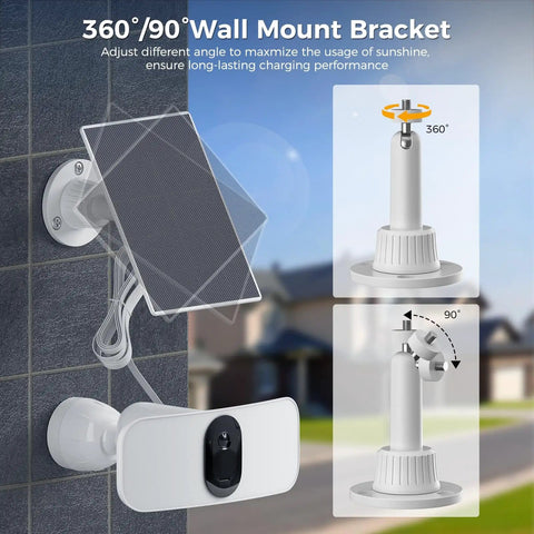 6V Solar Panel Charger For Arlo Pro 5S 2K Pro 4 Pro 3 with wall mount on brick wall, adjustable angle shown