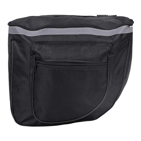 25L Bike Rack Bag For Rear Carrier Double Pannier Trunk Storage With Side Pockets, black fabric, rear view with pocket visible
