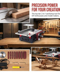 Rock Solid Mini Table Saw And Belt Sander Combo Featuring 200 Watt Copper Motor With Seven Speed Gears And Zero To Ninety Degree Tilt Base on a wooden table with cutting and sanding tools.