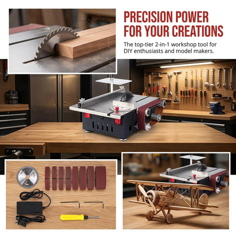 Rock Solid Mini Table Saw And Belt Sander Combo Featuring 200 Watt Copper Motor With Seven Speed Gears And Zero To Ninety Degree Tilt Base on a wooden table with cutting and sanding tools.