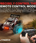 Gears Digital RC Servo Replacement for H14BM 14210 14209 shown controlling RC truck with remote, emphasizing precise steering.