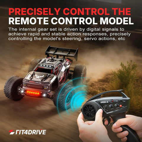 Gears Digital RC Servo Replacement for H14BM 14210 14209 shown controlling RC truck with remote, emphasizing precise steering.