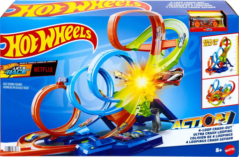 Box of Four Loop Track Set With Three Way Crash Zone And Motorized Booster For Nonstop Stunts, showing loops and car included.