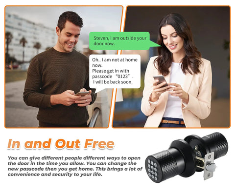 Man and woman using phones with keyless entry door knob with keypad for home, office, hotel, and garage; auto lock feature.
