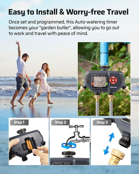 4 Zone Sprinkler Timer For Garden Hose With Rain Delay Manual Auto Irrigation Programmable Outdoor Faucet, family on beach, installation steps