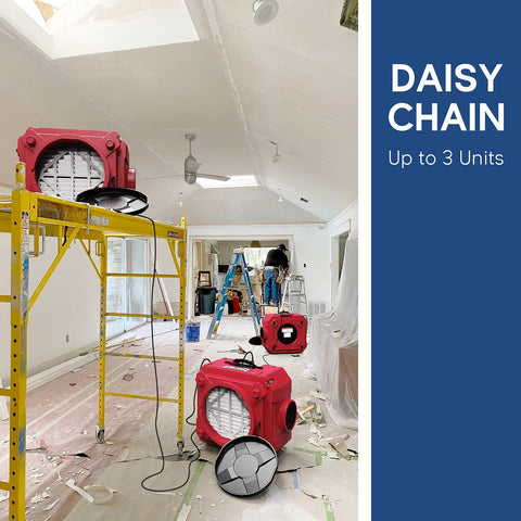 Pro Grade Heavy Duty Air Scrubber With 3 Stage Filtration Stackable Negative Air Machine in use on construction site indoors.