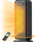 1500W Portable Ceramic Space Heater with thermostat oscillation and remote for bedroom, living room, office use, showing 75° rotation.