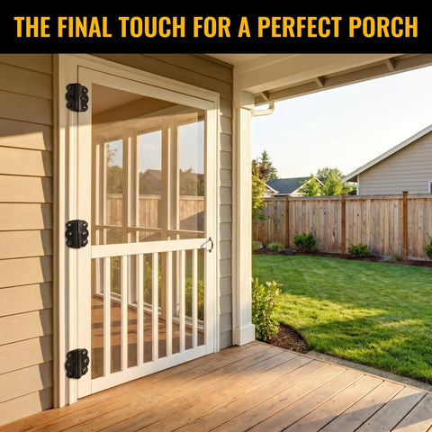 Tough As Nails Black Self Closing Screen Door Hinge Set 2-3/4 Spring Steel Hinges With Auto Close Action Includes Adjustment Tool Screws And No Sweat Setup showcased on a porch door.