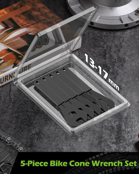 Five Piece Bike Cone Wrench Set 13, 14, 15, 16, 17 Mm Slim Open End Spanners displayed in a transparent box