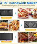 Royalcraft 3-In-1 Electric Sandwich Maker Waffle Grill And Panini Press With Non-Stick Removable Plates 1000W Power Blue showing waffle, sandwich, grill plates.