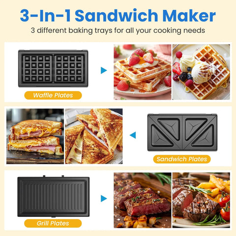 Royalcraft 3-In-1 Electric Sandwich Maker Waffle Grill And Panini Press With Non-Stick Removable Plates 1000W Power Blue showing waffle, sandwich, grill plates.