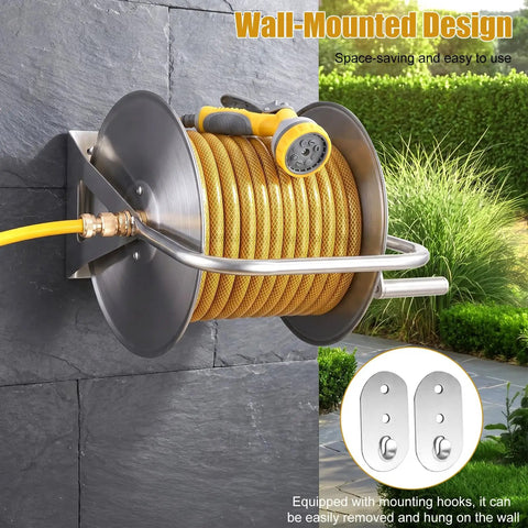 Heavy Duty Wall Mounted Hose Reel With Dual Wheel Smooth Winding And Ergonomic Crank, 6.5 Foot Leader Pipe, Silver Finish
