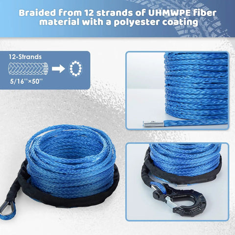 Close-up of Five Sixteenth Inch 50 Foot Synthetic Winch Rope 13000 Lbs with Protective Sleeve and Forged Hook, blue color.