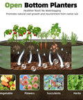 Diagram of open bottom design in Galvanized Metal Raised Garden Bed Kit For Outdoor Planter Box With Safety Edging And Gloves, No Fuss Assembly, 4x2x1 Ft, Great For Growing Veggies, Fruits, And Flowers In Olive Green, 3 Piece Set.