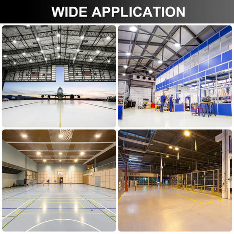Wide application of UFO LED High Bay Light 240W 190W 140W Adjustable Workhorse 33600LM in hangar, workshop, gym, warehouse.