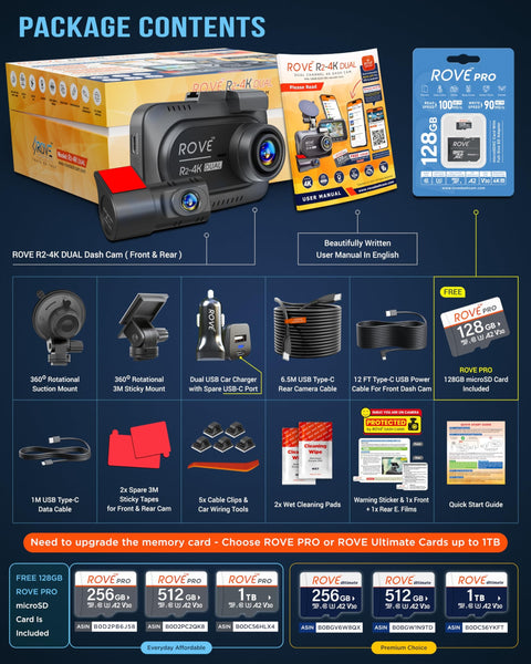 Package contents of Dual 4K Front And 1080P Rear Dash Cam With STARVIS 2 Sensor, 128GB Card Included, 5G WiFi App Control.