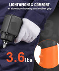 Workhorse Pneumatic Impact Wrench Breaking 690 Ft Lbs Torque On Frozen Nuts With A 3/8 Inch Square Drive showcasing lightweight aluminum housing and rubber grip.