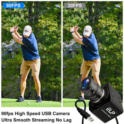 Comparison of 2MP Global Shutter USB Camera With 90FPS High Frame Rate showing smoother golf swing than 30FPS, ideal for live streaming.