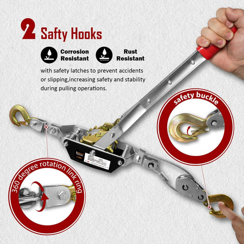Close-up of 2 Ton Come Along Winch With 12 Ft Steel Cable And Dual Gear System, featuring safety hooks and corrosion-resistant design for secure towing.