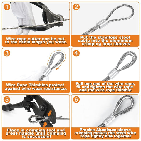 Step-by-step guide demonstrating the use of One Eighth Inch Stainless Steel Wire Rope Kit With 100 Feet Of Cable All In One Crimping Tool And Cutter 7 By 7 Strands Aircraft Cable For Deck Railing Clothesline Shade Sails String Lights And Outdoor DIY Projects.