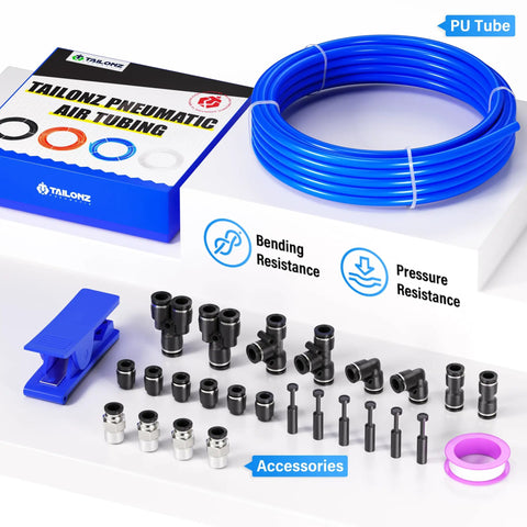 Blue Half Inch OD Polyurethane Air Tubing Kit 32.8 Ft 10 Meter 27 Pc Push To Connect Fittings