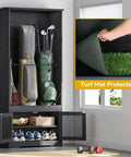 Black wooden golf bag organizer cabinet with turf mat protection for garage or home keeps two golf bags shoes and accessories neat