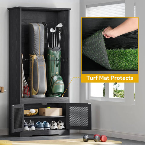 Black wooden golf bag organizer cabinet with turf mat protection for garage or home keeps two golf bags shoes and accessories neat