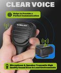 Close-up of 2-Pack Handheld Palm Microphone And Shoulder Speaker Mic For PTT Radios G0 G5 Compatible in hand with clear audio text.