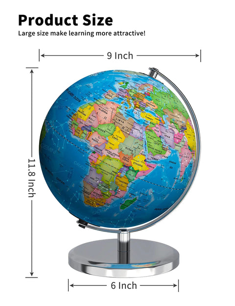 Illuminated World Globe With Stable Metal Base For Kid Friendly Classrooms And Kids, 9 Inch Lighted Globe With LED Night Light, HD Printed Map, Easy Spin, 88 Constellations And Navigation