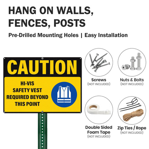 Caution Hi Vis Safety Vest Required Beyond This Point Sign Durable Rust Free Aluminum With UV Protected Print Waterproof Outdoor Warning Sign For Industrial Areas Highly Reflective For Day And Night Visibility, 14x10