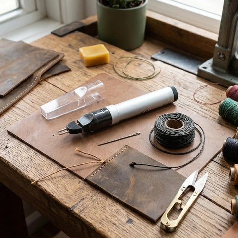 Dang Handy Tungsten Thread Burner Craft Pen For Trimming Frayed Ends Quick on a craft table with leather and threads.