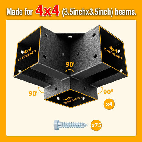 Beefed Up 4x4 3 Way Pergola Brackets Kit For Gazebos And Patios, Corner Brackets For Wooden Beams, Fits Standard 3.65 By 3.65 Posts, Outdoor Deck And Log Cabin Construction, 4 Pieces