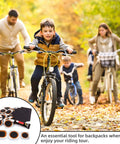 Family biking with Portable Bike Tire Patch Kit For Punctures With 24 Vulcanizing Patches displayed in corner.