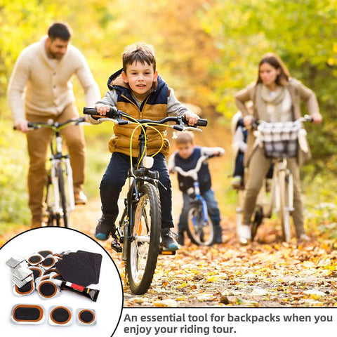 Family biking with Portable Bike Tire Patch Kit For Punctures With 24 Vulcanizing Patches displayed in corner.