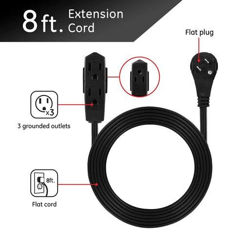 8 Ft 3 Outlet Flat Extension Cord With Grounded 3 Prong Plug Right Angle Flat Design 16 Gauge Power Strip For Indoor Office Use UL Listed