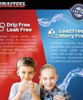 Two children holding cups with text promoting Durasteel lead-free, drip-free faucets, safe for use in California and Vermont.