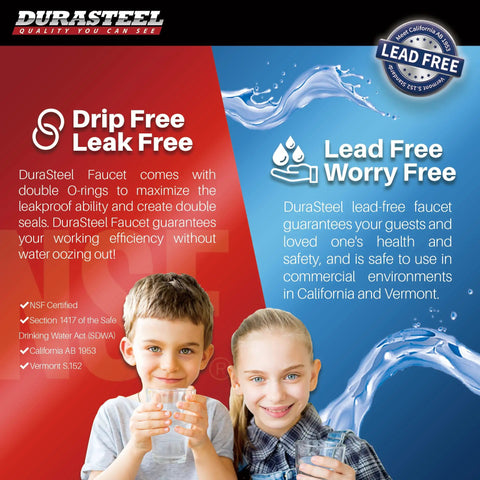 Two children holding glasses of water, promoting lead-free and drip-free faucets by DuraSteel, with certification details.