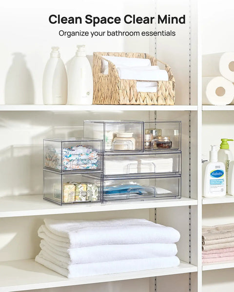 Stackable Storage Drawers Set Of Six Clear Plastic Organizer Bins Game Changer For Small Spaces Slick Design With Built In Handles Perfect For Bathroom Cabinet Pantry And Laundry Room Keep Things Crisp