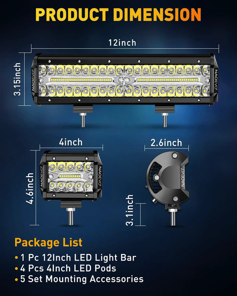 Product dimensions of 12 Inch LED Light Bar With 4 Inch LED Pod Lights Kit 54000LM Triple Row Spot Flood for Truck Car UTV ATV