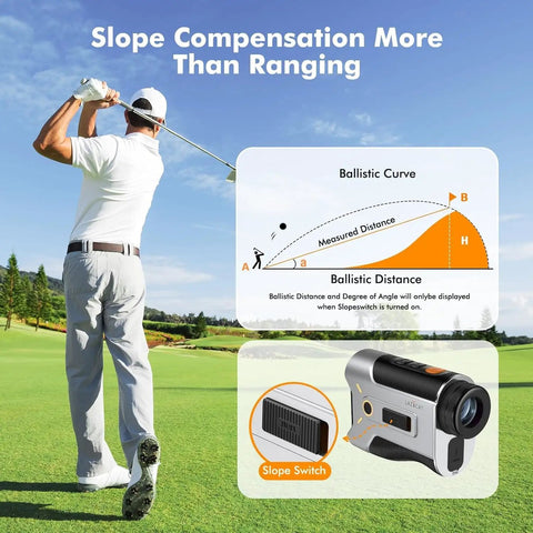 Golfer using Dope Rangefinder With Slope And Flag Lock Vibration 1200 Yard Laser Range 7X Magnification in action shot.