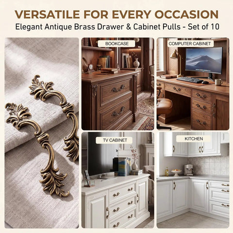 Elegant antique brass cabinet pulls, 10 Pack Vintage Cabinet Pulls in Antique Brass Finish With 2.5 Inch Center Hole on furniture.
