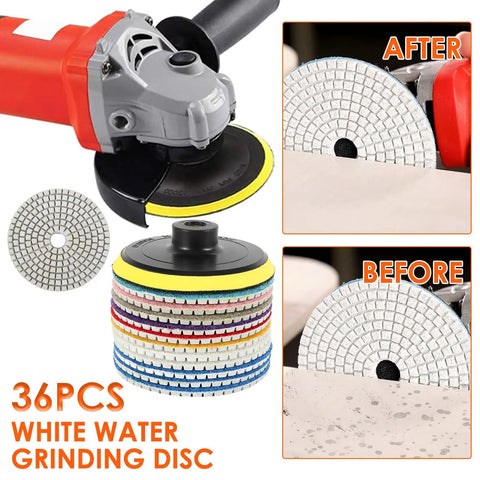 Pro Grade 36 Piece Diamond Polishing Pads Kit For Wet Use 4 Inch Grit Range 50 To 6000 shown with grinder and discs