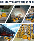 Heavy Duty Cylinder Fan With 25 Foot Vinyl Hose 8 Inch Portable Blower shown in various locations for diverse applications