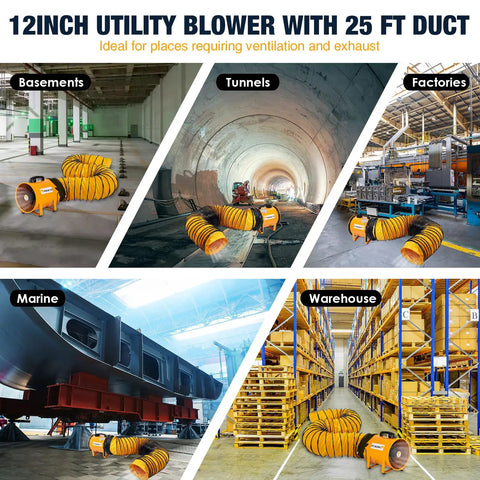 Heavy Duty Cylinder Fan With 25 Foot Vinyl Hose 8 Inch Portable Blower shown in various locations for diverse applications
