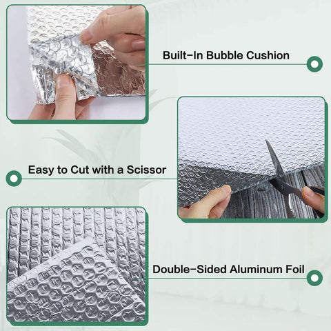 Reflective Bubble Insulation Sheet With Double Sided Aluminum Foil Shield being cut to size, showing bubble cushioning and foil layers.
