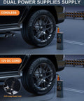 No Fuss Portable Tire Inflator, 180 PSI Rapid Output Air Compressor connected to car tire with digital gauge displaying pressure.