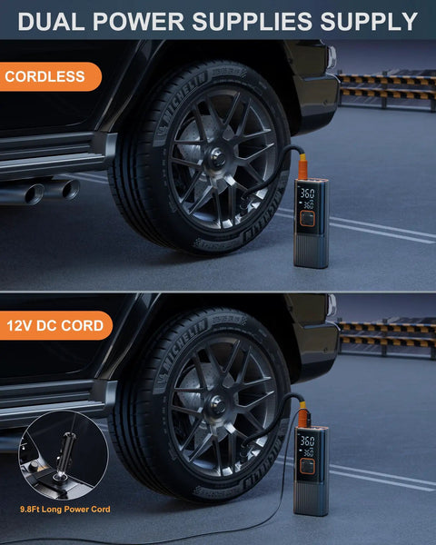No Fuss Portable Tire Inflator, 180 PSI Rapid Output Air Compressor connected to car tire with digital gauge displaying pressure.