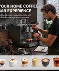 Hassle Free Semi Automatic Espresso Maker With Hands Free Milk Frother For Silky Lattes And Rich Cappuccinos Boasts Rapid Heat Up with barista making espresso.