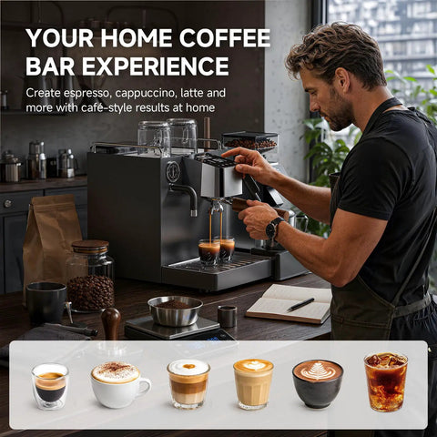 Hassle Free Semi Automatic Espresso Maker With Hands Free Milk Frother For Silky Lattes And Rich Cappuccinos Boasts Rapid Heat Up with barista making espresso.
