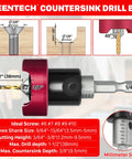 Kick Up Precision Carbide Countersink Drill Bit With Free Spin Depth Stop And Antislip Quick Release Hex Shank dimensions and specifications.